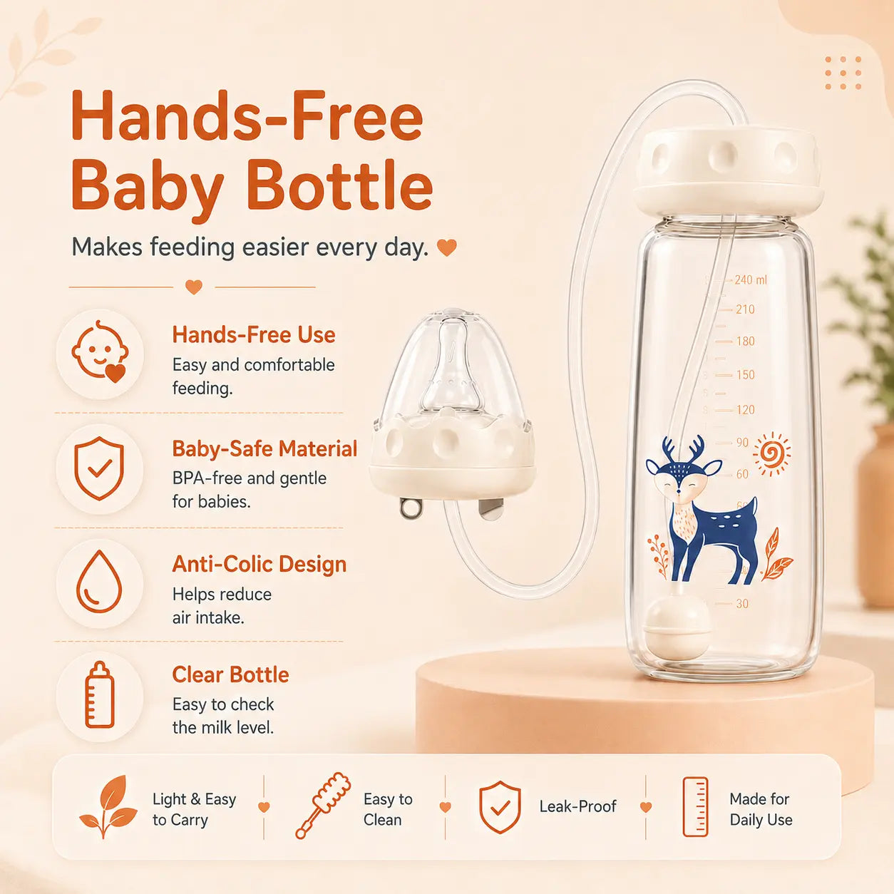 Blinqo Hands-Free Baby Feeding Bottle with Silicone Tube