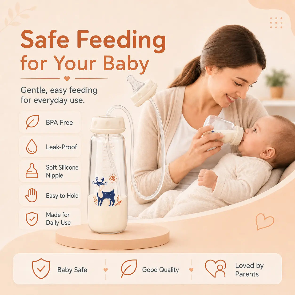 Blinqo Hands-Free Baby Feeding Bottle with Silicone Tube