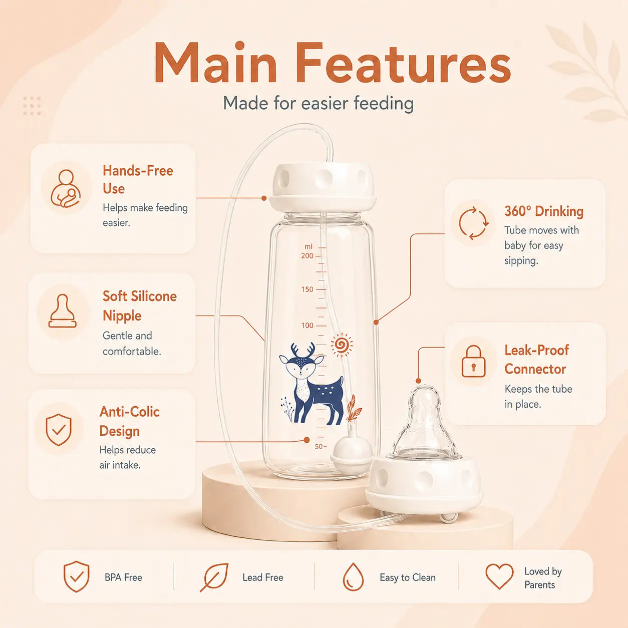 Blinqo Hands-Free Baby Feeding Bottle with Silicone Tube