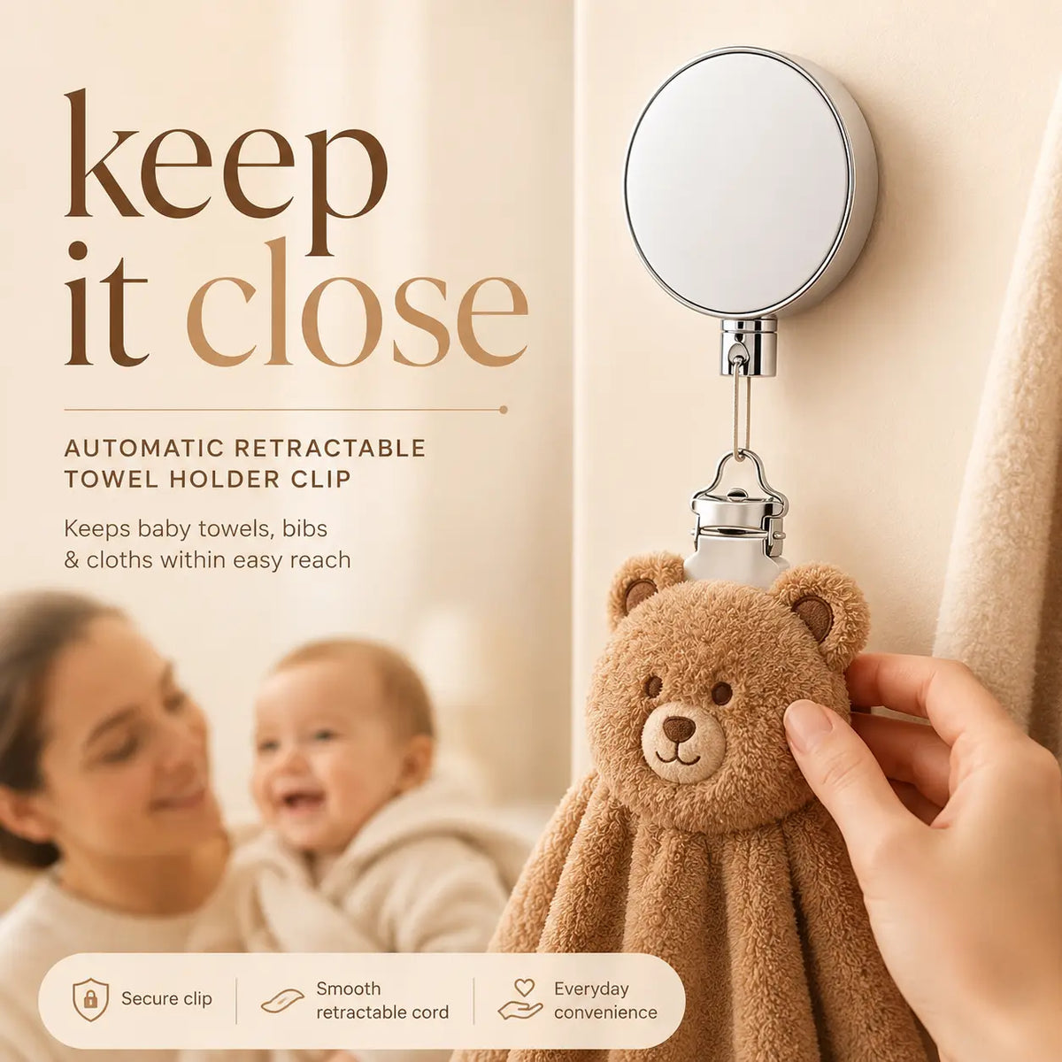 Automatic Retractable Towel Holder Clip – Compact Pull-Out Towel & Bib Holder