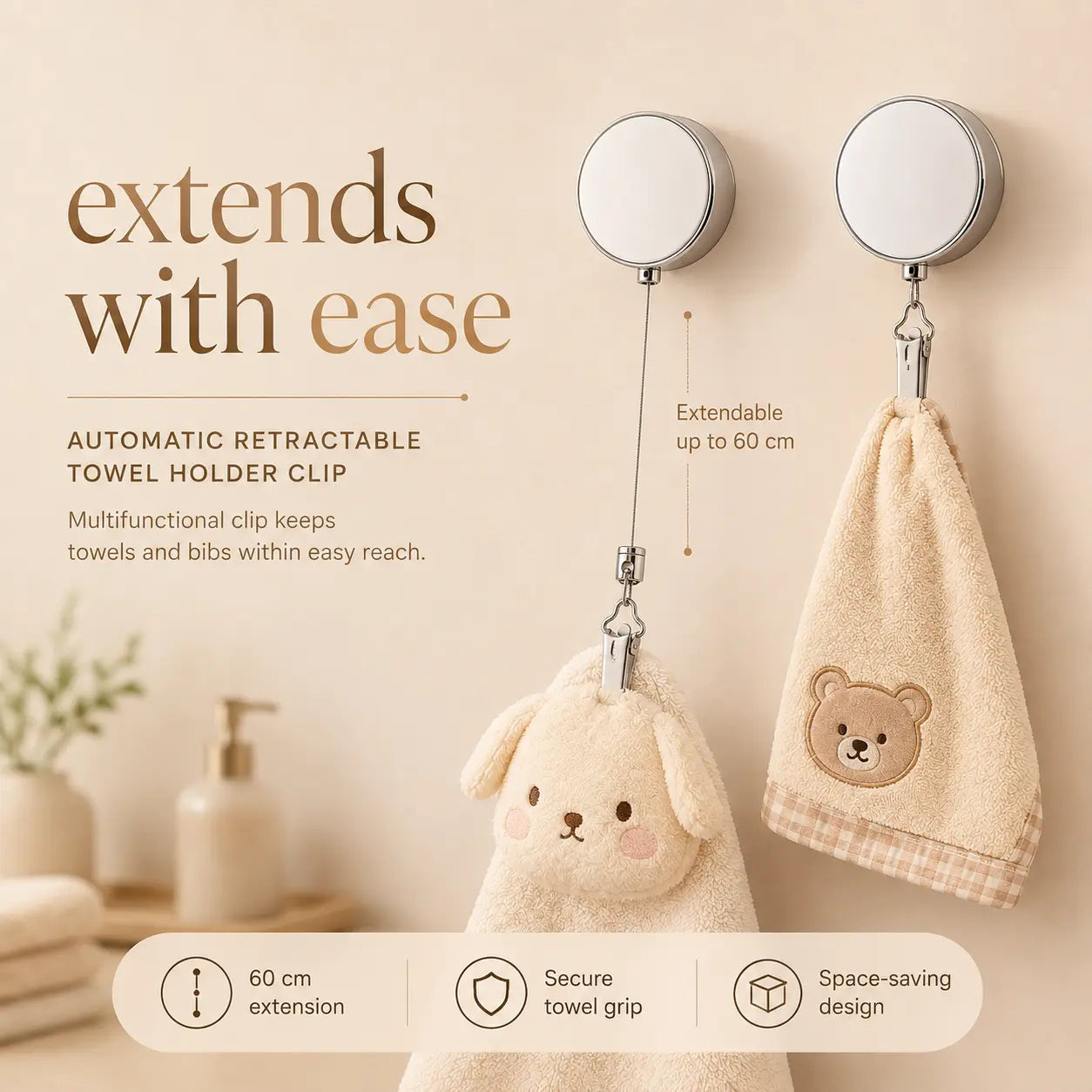 Automatic Retractable Towel Holder Clip – Compact Pull-Out Towel & Bib Holder