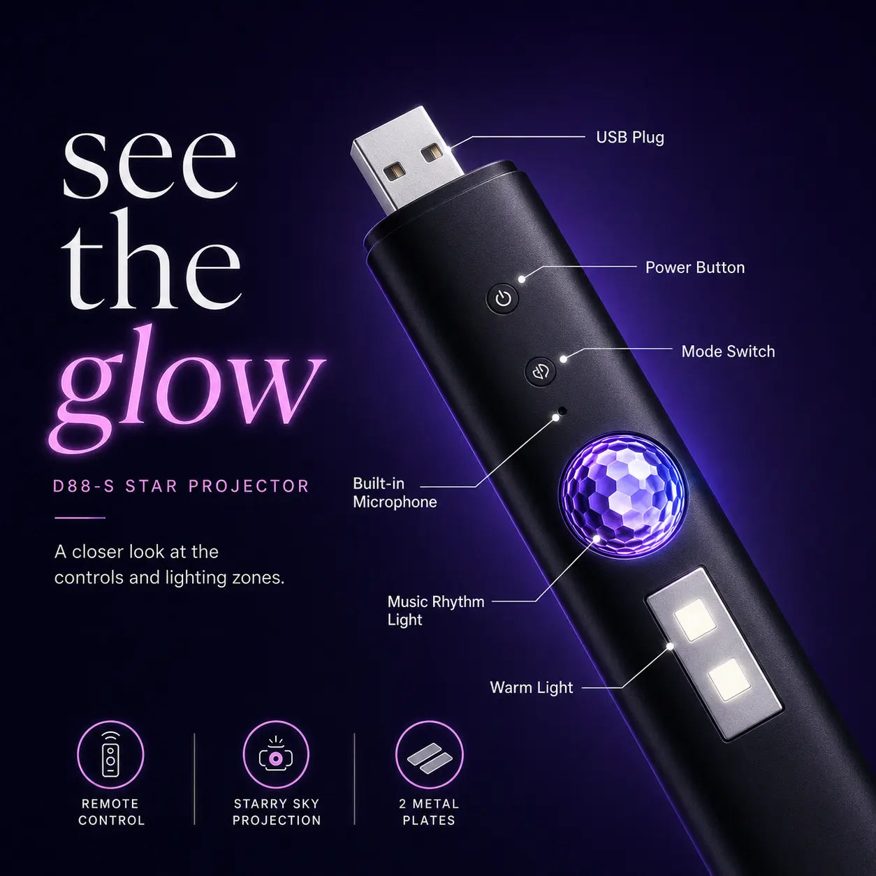 D88-S Wireless Music Rhythm Car Star Projector Light with Remote