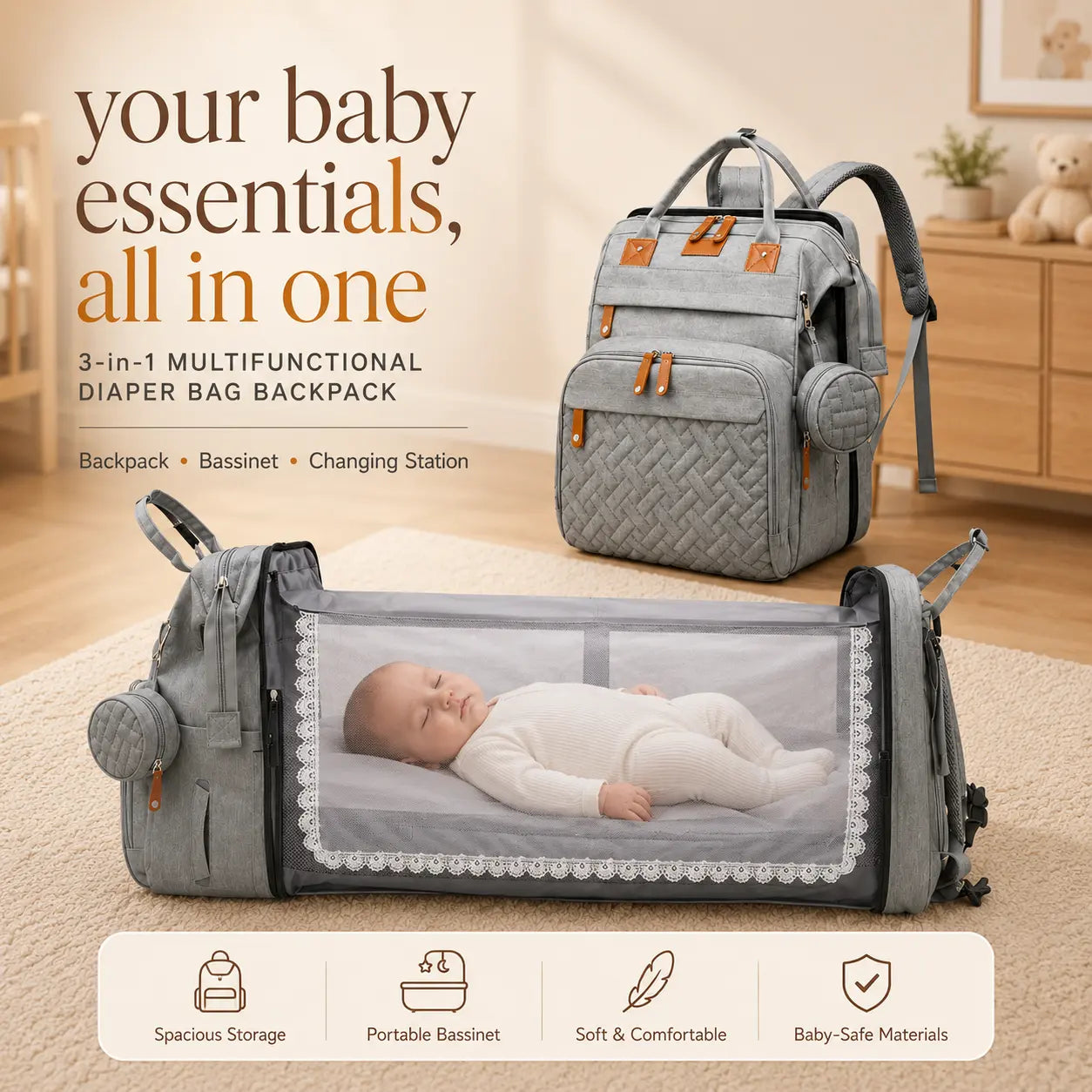 3-in-1 Multifunctional Diaper Bag Backpack with Portable Bassinet