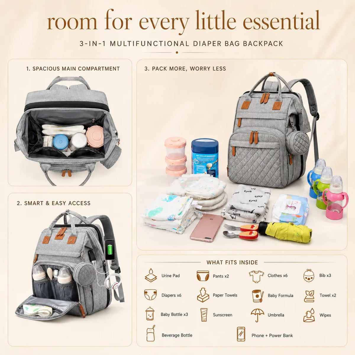 3-in-1 Multifunctional Diaper Bag Backpack with Portable Bassinet