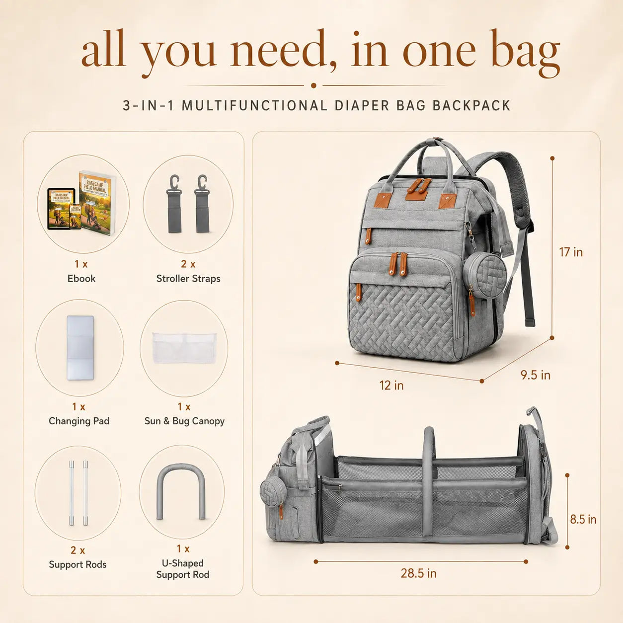 3-in-1 Multifunctional Diaper Bag Backpack with Portable Bassinet