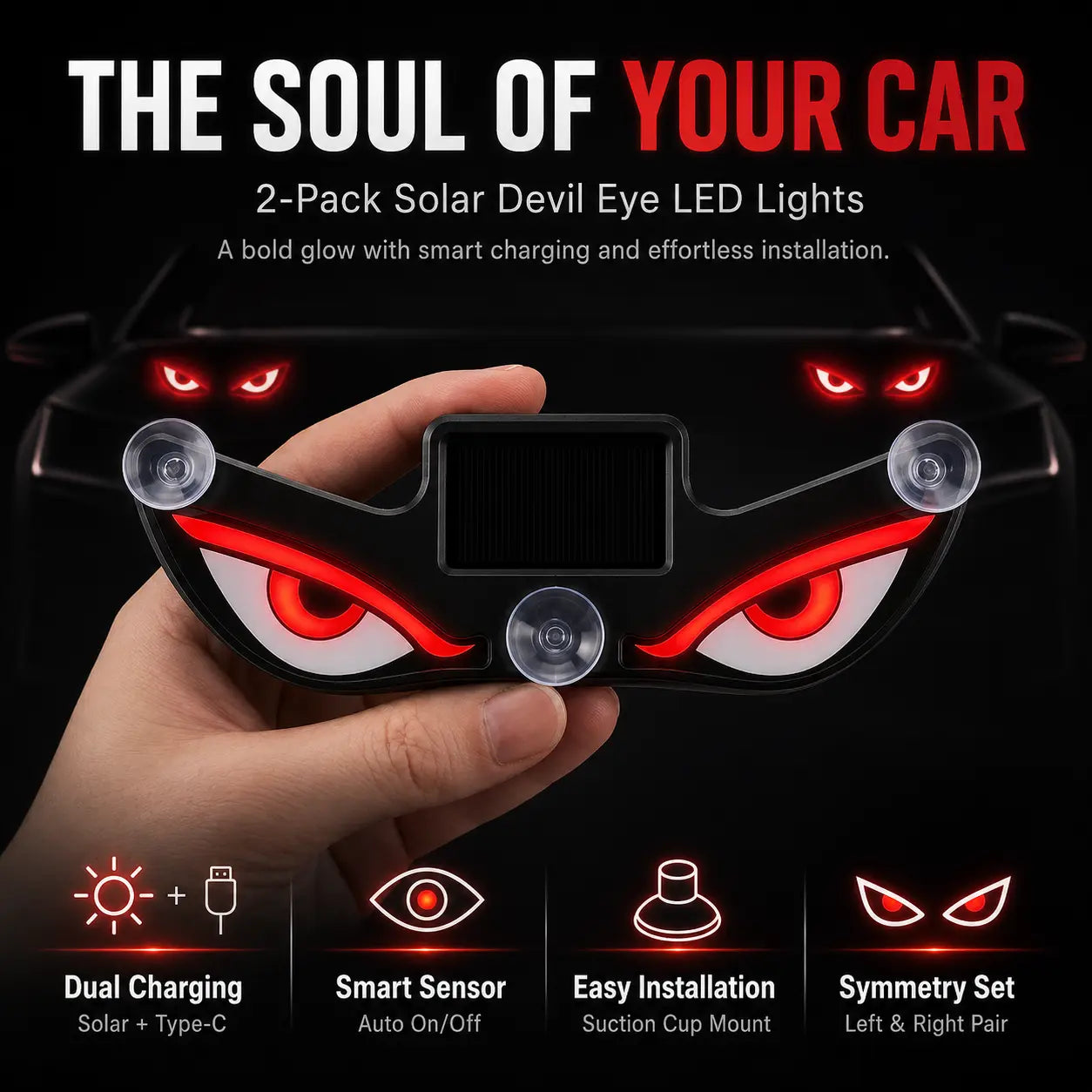 Devil Eye Solar LED Car Light – Vibration Activated & Type-C Rechargeable