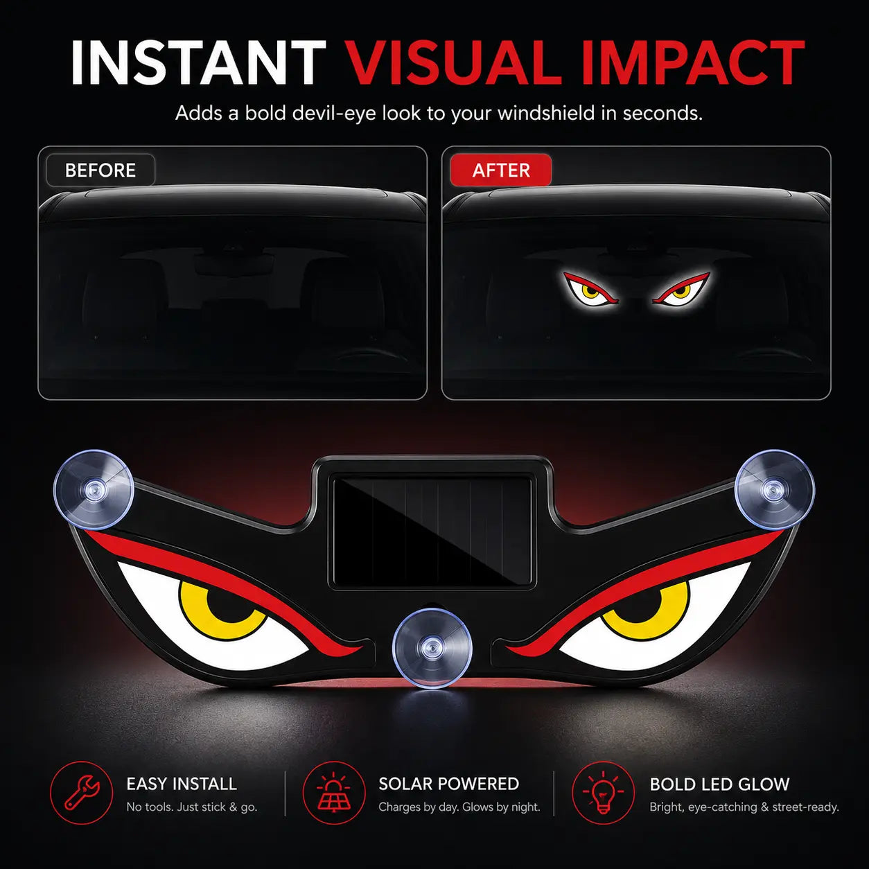 Devil Eye Solar LED Car Light – Vibration Activated & Type-C Rechargeable