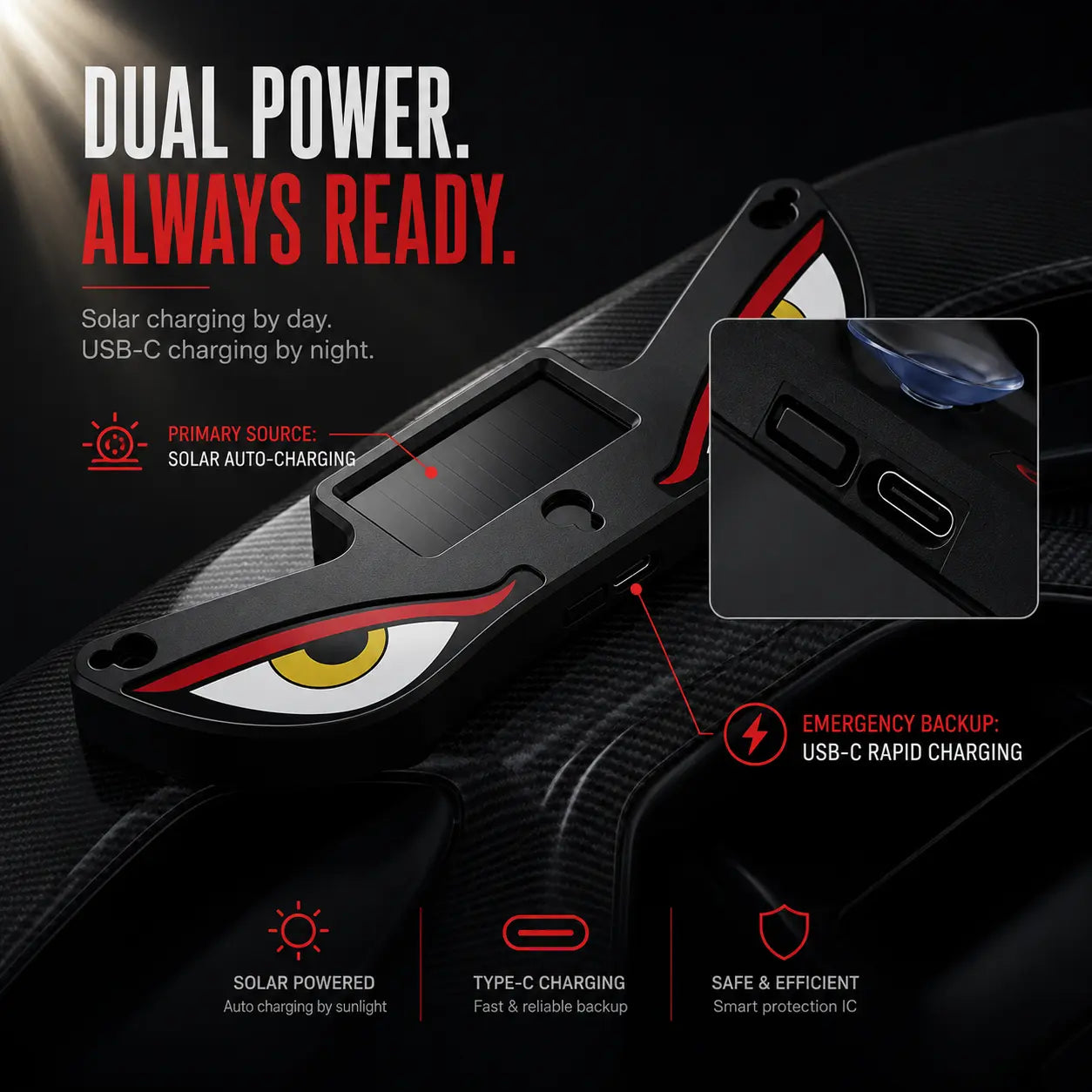 Devil Eye Solar LED Car Light – Vibration Activated & Type-C Rechargeable