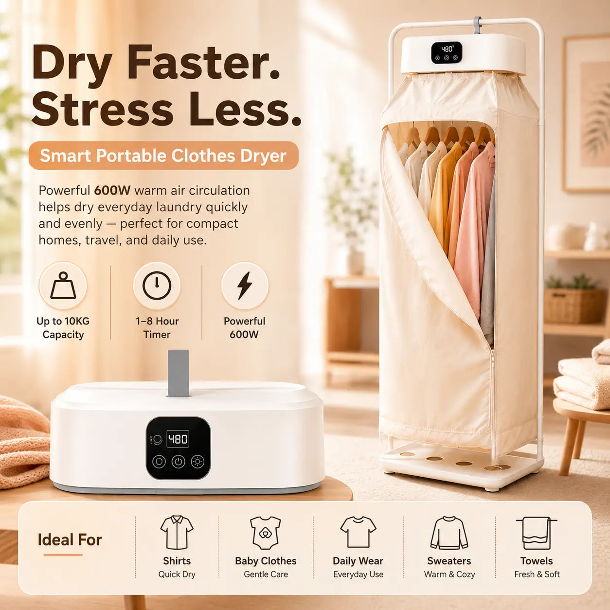 Smart Portable Clothes Dryer – 600W Foldable Warm Air Dryer with Timer