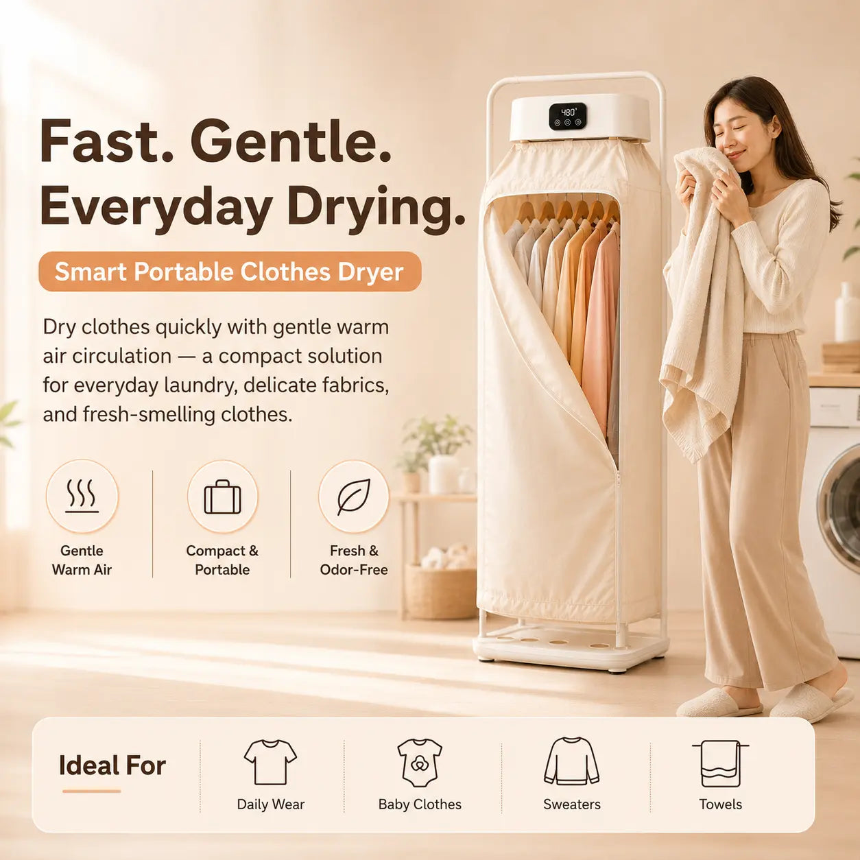 Smart Portable Clothes Dryer – 600W Foldable Warm Air Dryer with Timer