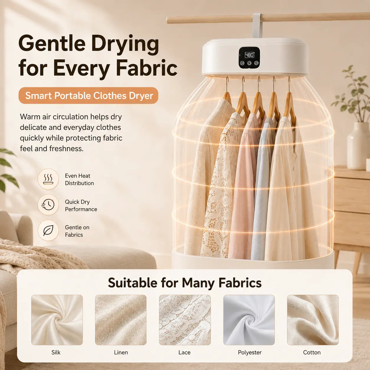 Smart Portable Clothes Dryer – 600W Foldable Warm Air Dryer with Timer
