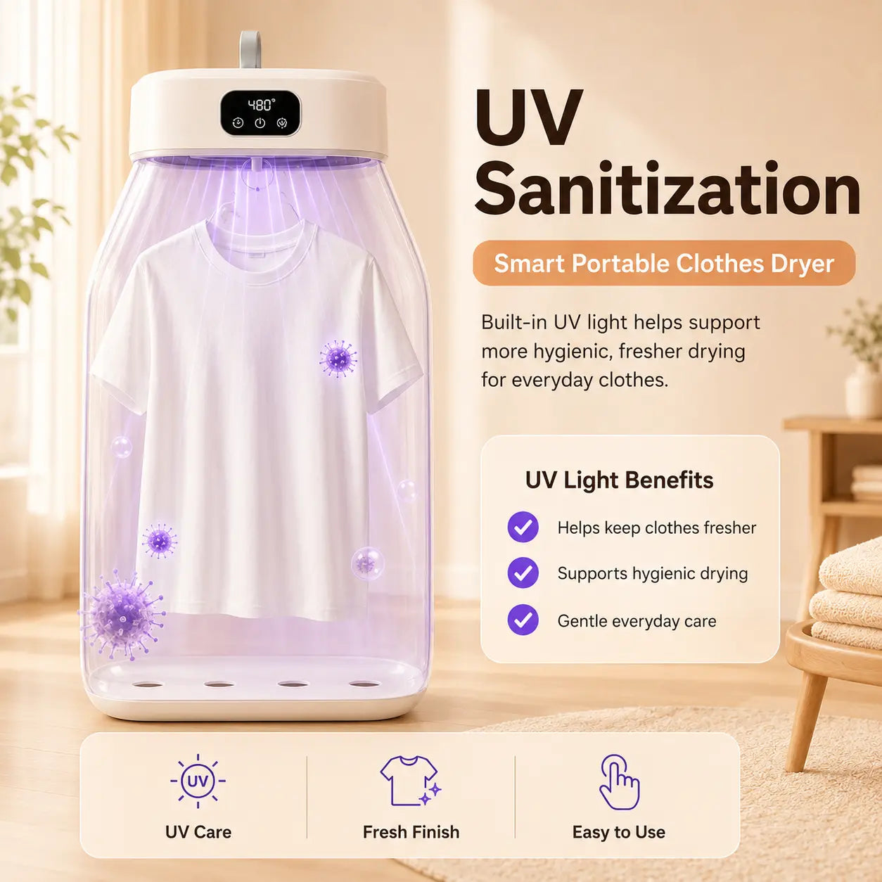 Smart Portable Clothes Dryer – 600W Foldable Warm Air Dryer with Timer