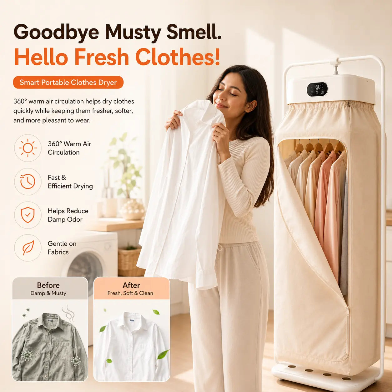 Smart Portable Clothes Dryer – 600W Foldable Warm Air Dryer with Timer