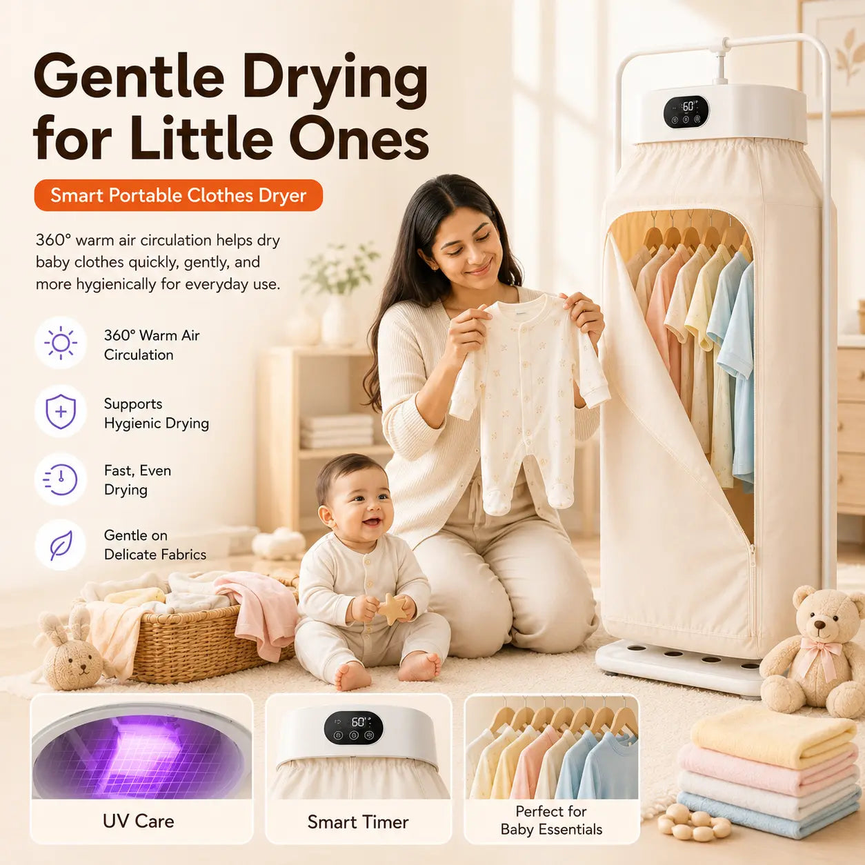 Smart Portable Clothes Dryer – 600W Foldable Warm Air Dryer with Timer