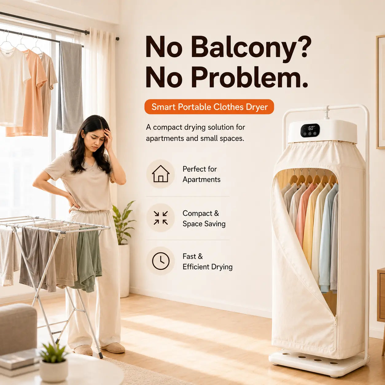 Smart Portable Clothes Dryer – 600W Foldable Warm Air Dryer with Timer