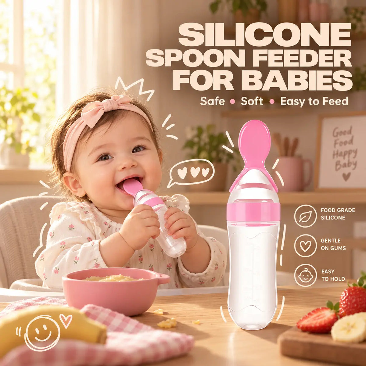 Silicone Spoon Feeder for Babies – Squeeze Feeding Bottle with Soft Spoon
