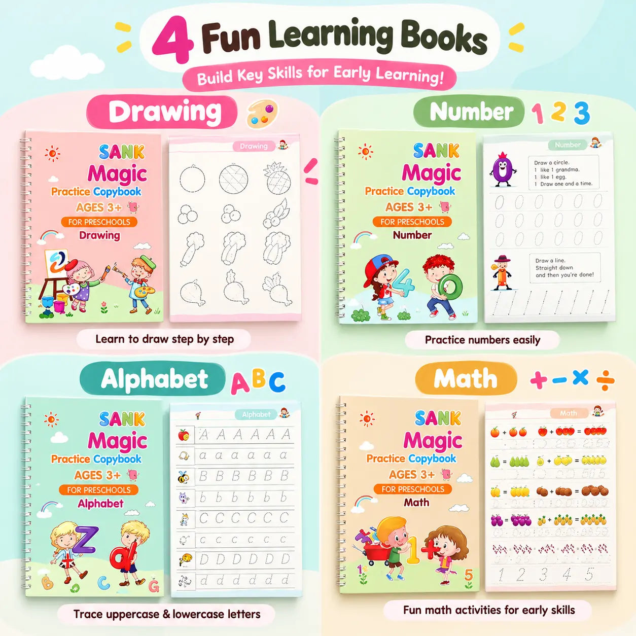 Sank Magic Practice Copybook Set for Kids – Reusable Handwriting & Learning Books (4 Books)