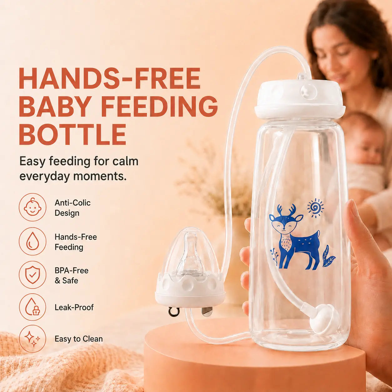 Blinqo Hands-Free Baby Feeding Bottle with Silicone Tube