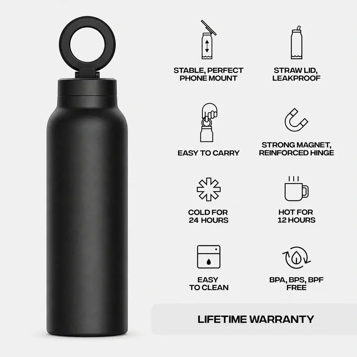 Blinqo Magnetic Phone Holder Water Bottle – 800ml Leakproof Insulated Bottle with MagSafe-Style Mount